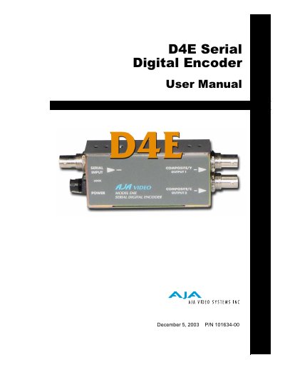 AJA D4E Serial Digital Encoder User Manual - cover page