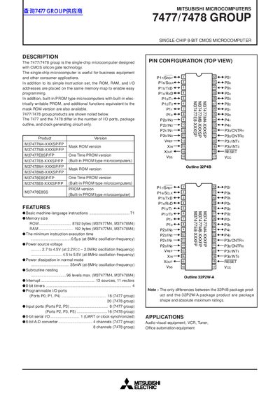 Mitsubishi 7477/7478 Group Single-Chip 8-Bit CMOS Microcomputer Datasheet - cover page