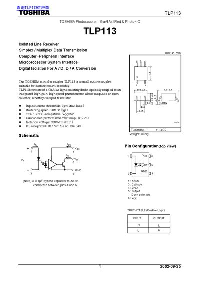 Toshiba TLP113 Photocoupler Datasheet - cover page
