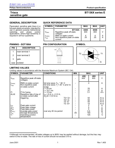 Philips Semiconductors BT136X Series E Triac Datasheet - cover page