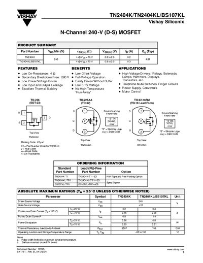 VISHAY SILICONIX - TN2404K/TN2404KL/BS107KL Vishay Siliconix Document Number: 72225 S-41761 Rev. B 04-Oct-04 Manual - cover page