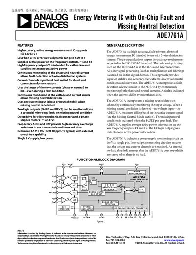 Analog Devices ADE7761A Energy Metering IC Datasheet - cover page