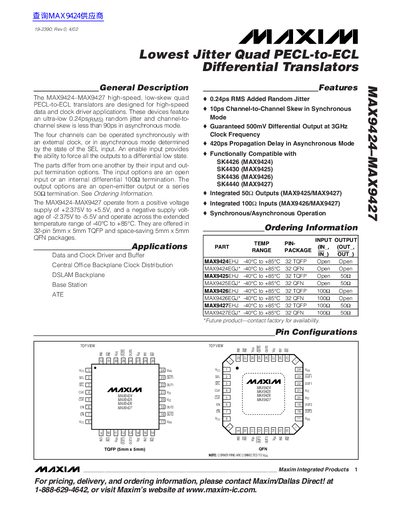 MAXIM MAX9424-MAX9427 Quad PECL-to-ECL Translator Datasheet - cover page
