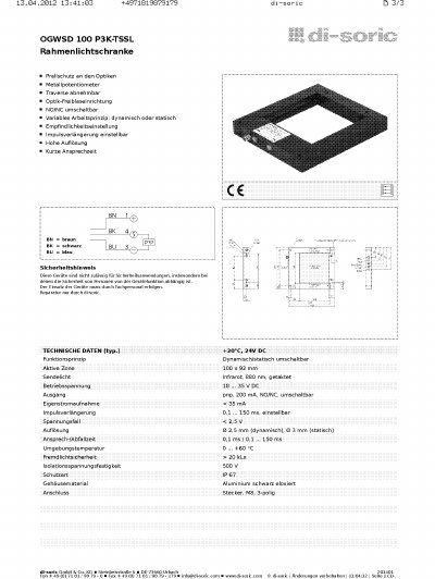 Di-Soric OGWSD 100 P3K-TSSL Safety Light Curtain Datasheet - cover page