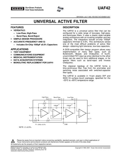 Texas Instruments UAF42 Universal Active Filter Datasheet