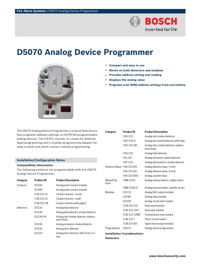 Bosch D5070 Analog Device Programmer User Manual - cover page