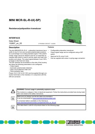 Phoenix Contact MINI MCR-SL-R-UI(-SP) Data Sheet - cover page