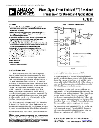 Analog Devices AD9861 Mixed‑Signal Front‑End (MxFE) Datasheet - cover page