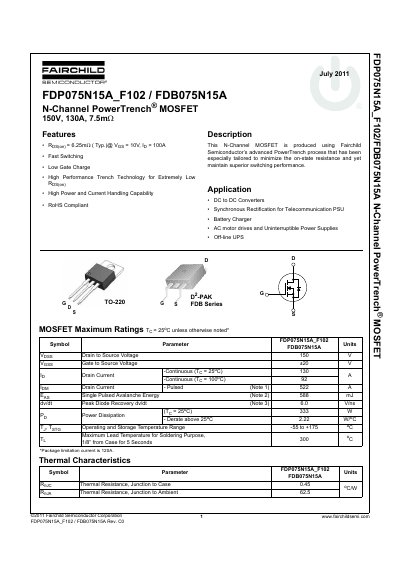 Fairchild FDP075N15A/FDB075N15A N-Channel PowerTrench MOSFET Datasheet - cover page