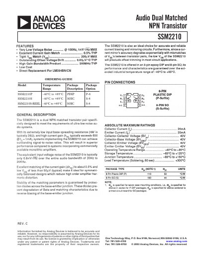 Analog Devices SSM2210 Dual Matched NPN Transistor Datasheet - cover page