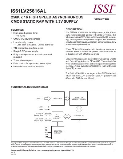 ISSI IS61LV25616AL Datasheet - cover page