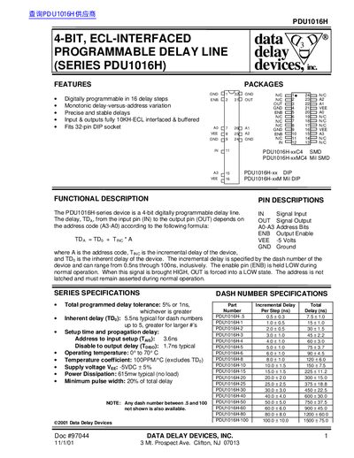 Data Delay Devices PDU1016H 4-Bit ECL-Interfaced Programmable Delay Line Datasheet