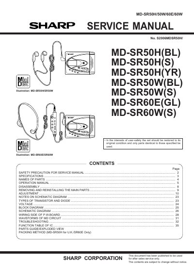 Sharp MD-SR50H/MD-SR50W/MD-SR60E/MD-SR60W Service Manual - cover page