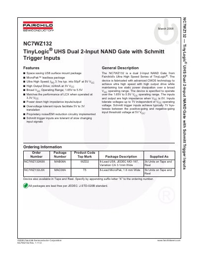 Fairchild NC7WZ132 Dual 2-Input NAND Gate Datasheet - cover page