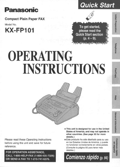 Panasonic KX-FP101 Compact Plain Paper FAX Operating Instructions - cover page