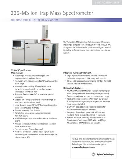 Agilent 225-MS Ion Trap Mass Spectrometer Specifications - cover page