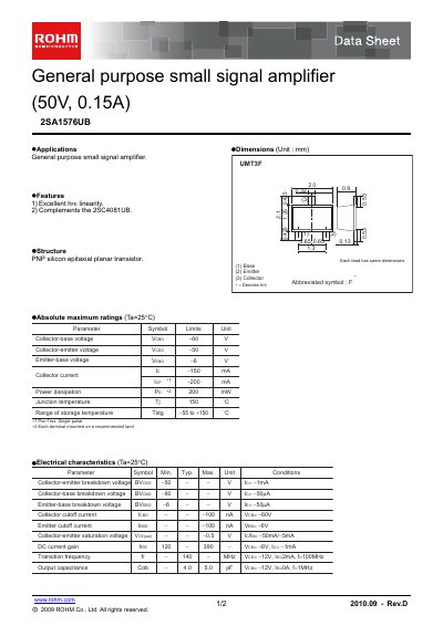 ROHM 2SA1576UB Datasheet - cover page
