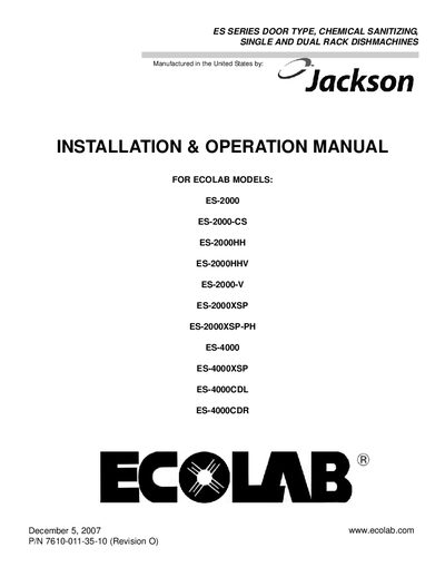 Ecolab ES Series Dishmachine Installation & Operation Manual - cover page
