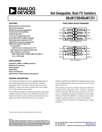 Analog Devices ADuM1250/ADuM1251 Datasheet Rev D - cover page