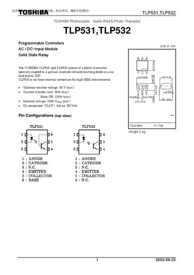 Toshiba TLP531/TLP532 Photocoupler Datasheet - cover page