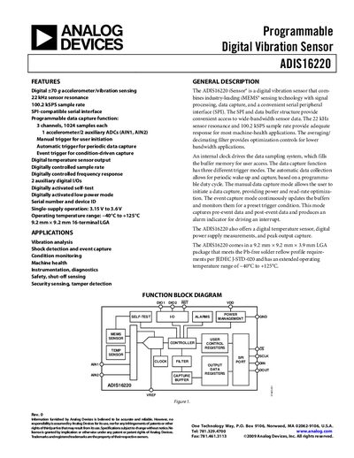 Analog Devices ADIS16220 Digital Vibration Sensor Datasheet - cover page