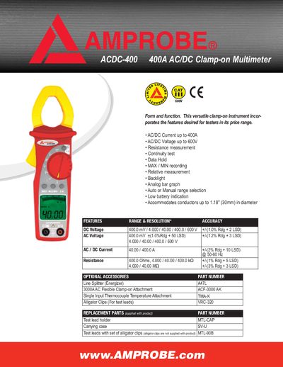 Amprobe ACDC-400 AC/DC Clamp-on Multimeter Handbook - cover page
