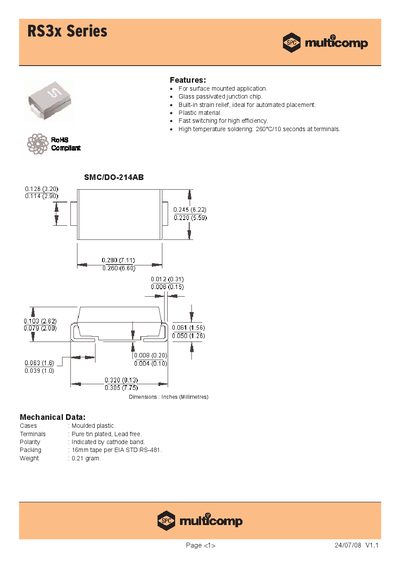 Multicomp RS3x Series Fast Diode Datasheet - cover page