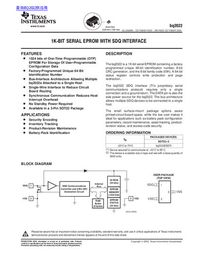 Texas Instruments bq2022 1K-bit Serial EPROM Datasheet - cover page