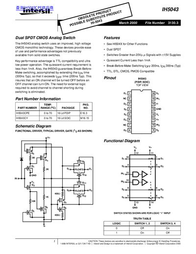 INTER'SIL IH5043 DATA SHEET - cover page