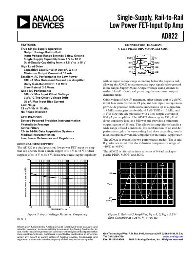 Analog Devices AD822 Dual-Channel Low-Power Rail-to-Rail Op Amp Datasheet