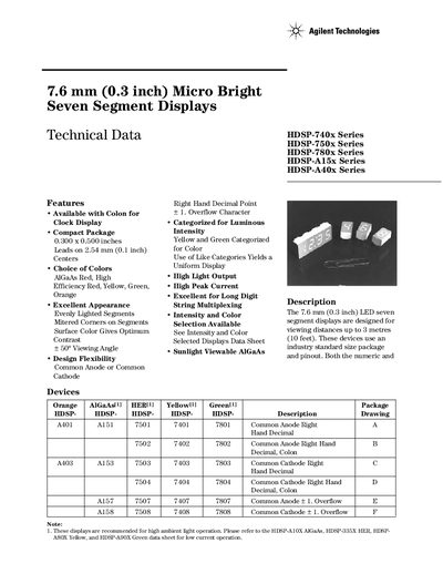 Agilent Technologies HDSP-740x Series HDSP-750x Series HDSP-780x Series HDSP-A15x Series HDSP-A40x Series handbook - cover page