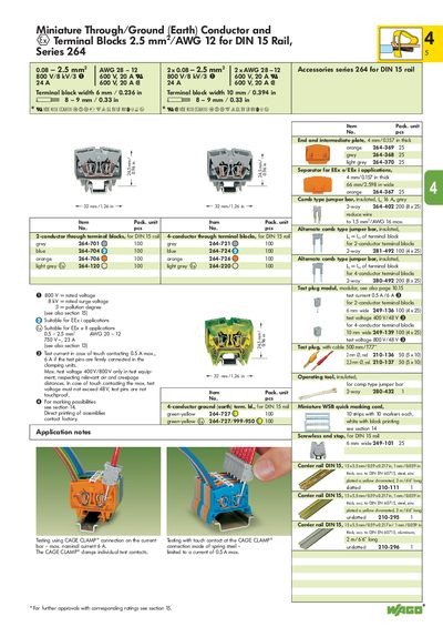 WAGO Miniature Through/Ground (Earth) Conductor 4Terminal Blocks 2.5 mm2 /AWG 12 for DIN 15 Rail Series 264 handbook - cover page