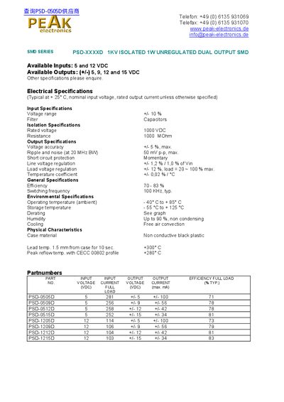 PEAK PSD-XXXXD Series 1KV Isolated 1W Unregulated Dual Output SMD Datasheet - cover page