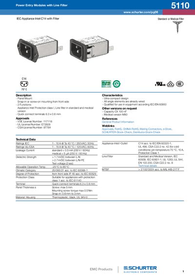SCHURTER 5110 Power Entry Module with Line Filter Datasheet - cover page