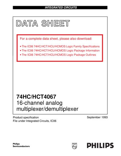 Philips 74HC/HCT4067 16-channel Analog Multiplexer/Demultiplexer Datasheet - cover page