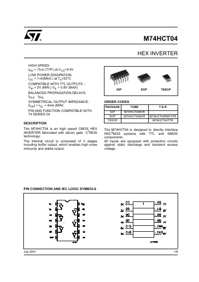 STMicroelectronics M74HCT04 Hex Inverter Datasheet - cover page