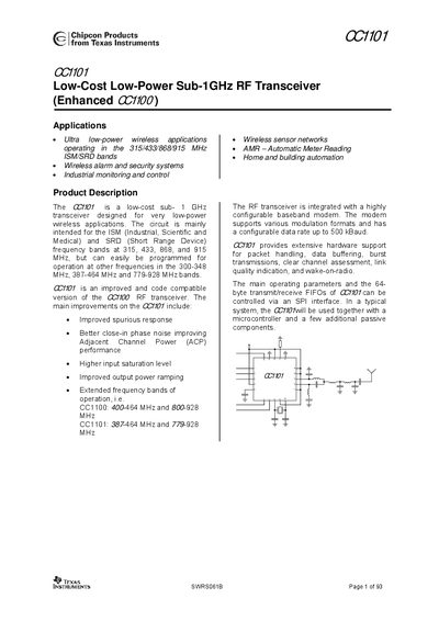 TEXAS INSTRUMENTS CC1101 Low-Cost Low-Power Sub-1GHz RF Transceiver Manual SWRS061B P - cover page