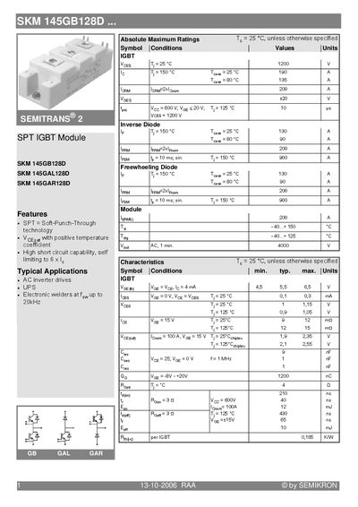 Semikron SKM 145GB128D IGBT Module Datasheet - cover page