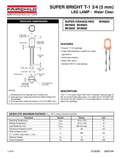 Fairchild SUPER BRIGHT T-1 3/4 LED Lamp Water Clear Datasheet - cover page