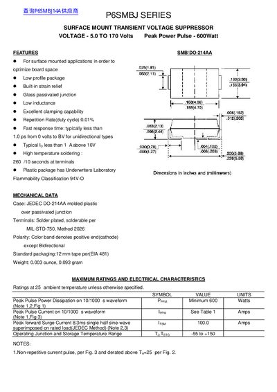 P6SMBJ Series Surface Mount Transient Voltage Suppressor Datasheet - cover page