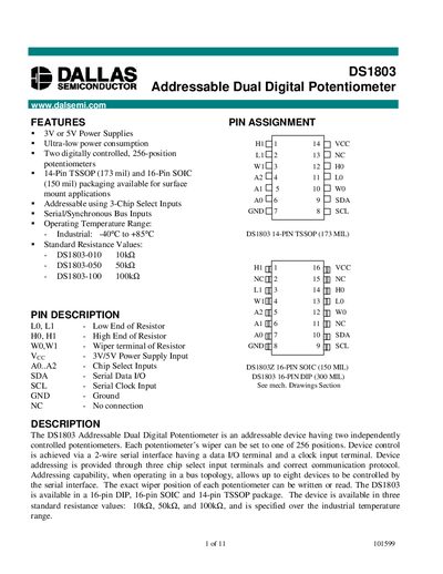 Maxim Integrated DS1803 Dual Digital Potentiometer Datasheet - cover page