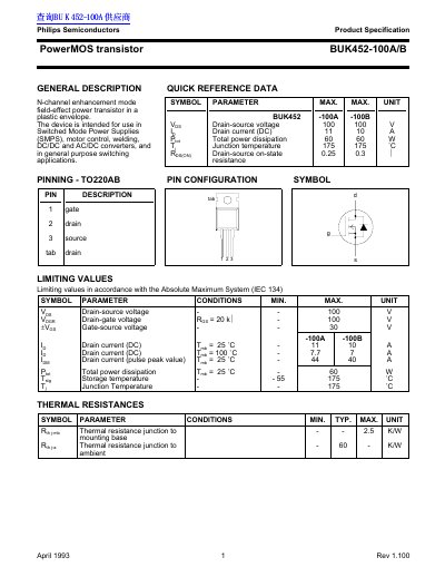 Philips BUK452-100A/B PowerMOS Transistor Datasheet - cover page