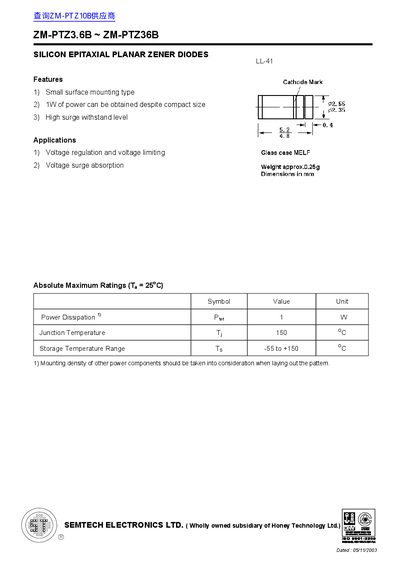 SEMTECH ELECTRONICS LTD ZM-PTZ3.6B ~ ZM-PTZ36B  - cover page