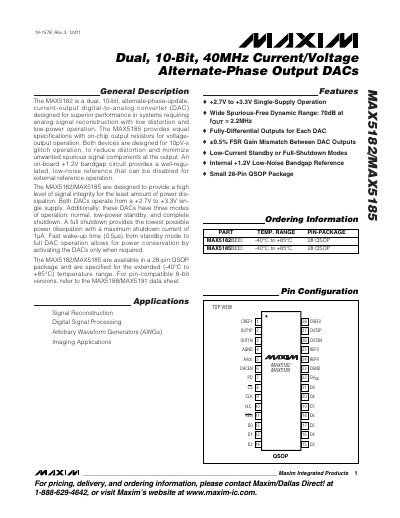 Maxim MAX5182/MAX5185 Dual 10‑Bit DAC Datasheet - cover page