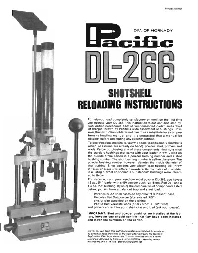 Pacific DL-266 Shotshell Reloader Instructions - cover page