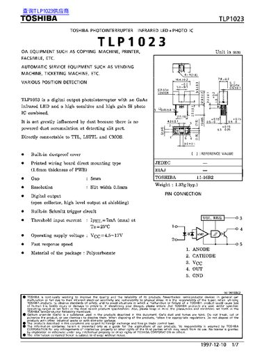 Toshiba TLP1023 Photointerrupter Datasheet - cover page