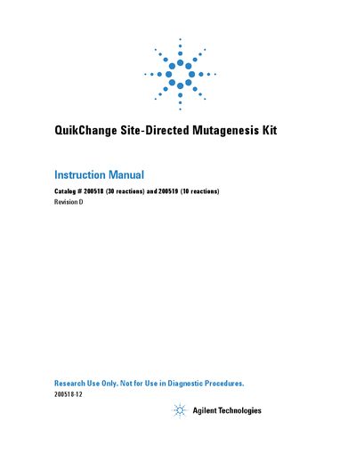 Agilent QuikChange Site-Directed Mutagenesis Kit Instruction Manual - cover page