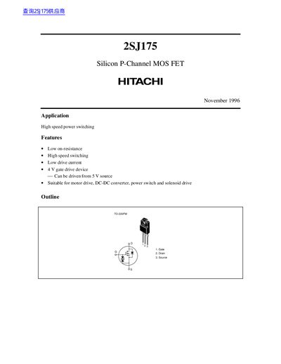 Hitachi 2SJ175 Silicon P-Channel MOS FET Datasheet - cover page