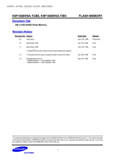samsung K9F1608W0A-TCB0 K9F1608W0A-TIB0 FLASH MEMORY handbook(1) - cover page