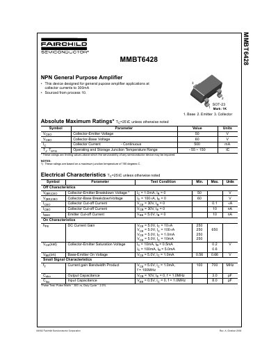 Fairchild MMBT6428 NPN General Purpose Amplifier Datasheet - cover page